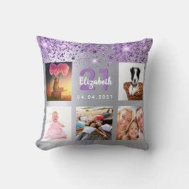 誕生日シルバーパープルグリッターフォトコラージュ名 クッション