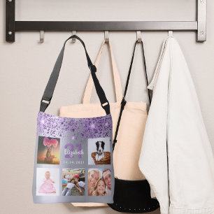 誕生日シルバーパープルグリッターフォトコラージュ名 クロスボディバッグ