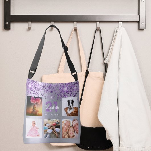 誕生日シルバーパープルグリッターフォトコラージュ名 クロスボディバッグ
