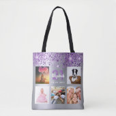 誕生日シルバーパープルグリッターフォトコラージュ名 トートバッグ (正面)