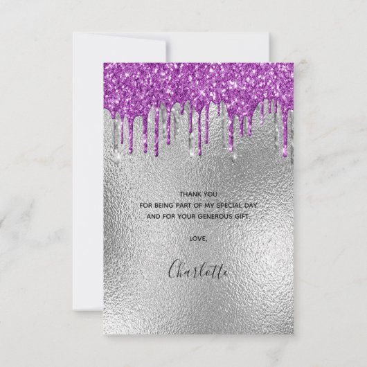誕生日シルバーパープルグリッター乾燥 サンキューカード (裏面)