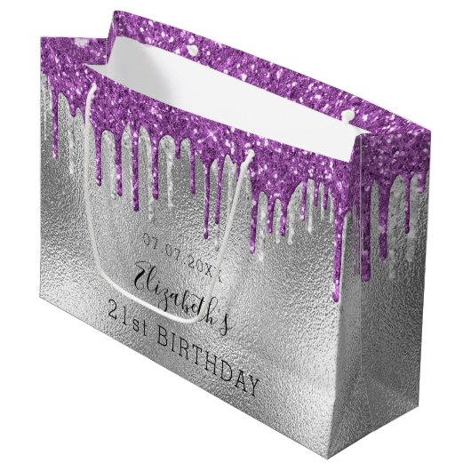 誕生日シルバーパープルグリッター乾燥 ラージペーパーバッグ (正面アングル)