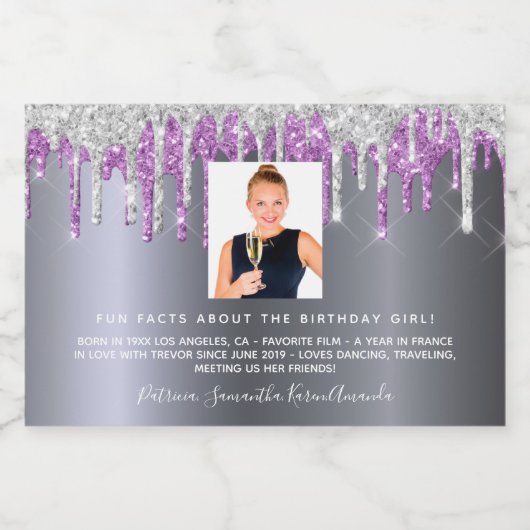 誕生日シルバーパープルグリッター写真おもしろいファクトbio スパークリングワインラベル (シングルラベル)