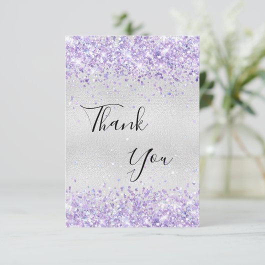 誕生日シルバーパープルグリッター感謝していダストユーズ サンキューカード (スタンド正面)