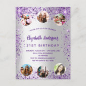 誕生日シルバーパープルスパークルス写真友だち インビテーションポストカード (正面)