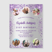 誕生日シルバーパープルフォトフレンドリー マグネット招待状 (正面)