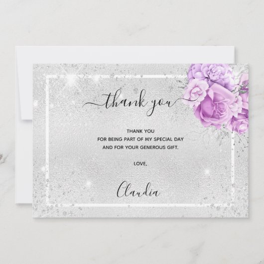 誕生日シルバーパープルフローラ写真のキラキラ 招待状 (正面)