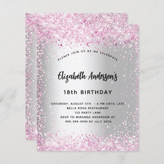 誕生日シルバーピンクの輝く予算の招待 (正面/裏面)