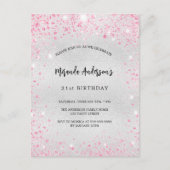 誕生日シルバーピンクグリッターエレガントモダン インビテーションポストカード (正面)