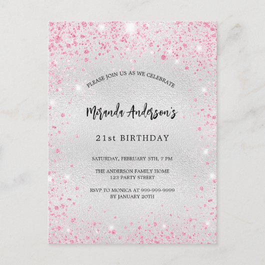 誕生日シルバーピンクグリッターエレガントモダン インビテーションポストカード (正面)