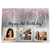 誕生日シルバーピンクグリッタードリップスカスタムフォト ラージペーパーバッグ (正面)