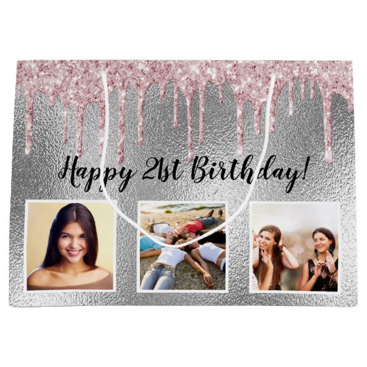誕生日シルバーピンクグリッタードリップスカスタムフォト ラージペーパーバッグ (正面)