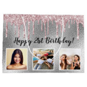 誕生日シルバーピンクグリッタードリップスカスタムフォト ラージペーパーバッグ (裏面)