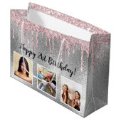 誕生日シルバーピンクグリッタードリップスカスタムフォト ラージペーパーバッグ (正面アングル)