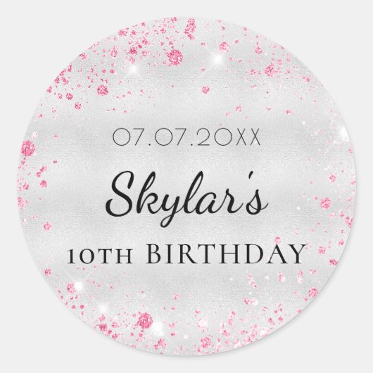 誕生日シルバーピンクグリッター女 ラウンドシール (正面)