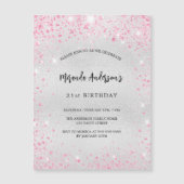 誕生日シルバーピンクグリッター高級 マグネット招待状 (正面)