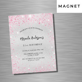 誕生日シルバーピンクグリッター高級 マグネット招待状