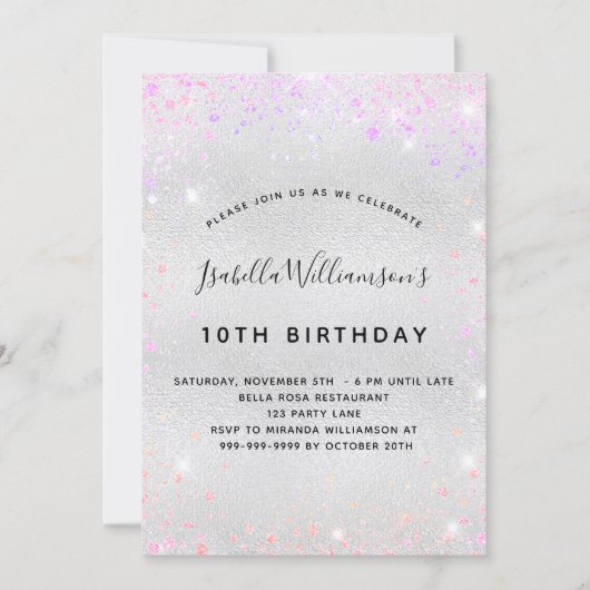 誕生日シルバーピンクパープルグリッター 招待状 (正面)