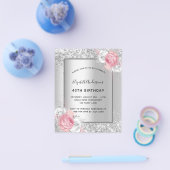 誕生日シルバーピンクフローラ予算の招待 チラシ (シングル)