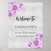 誕生日シルバーピンク紫の花を歓迎パーティー ポスター (正面)