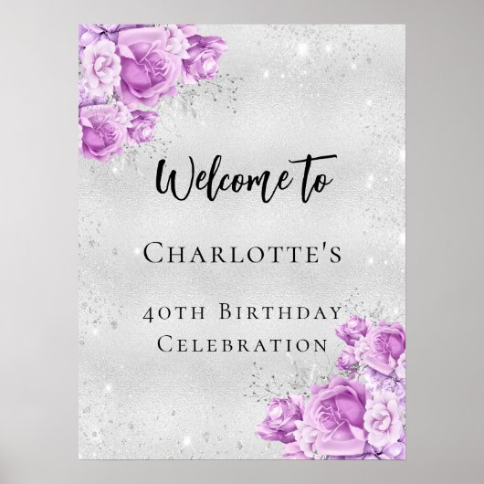 誕生日シルバーピンク紫の花を歓迎パーティー ポスター (正面)