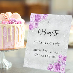 誕生日シルバーピンク紫の花を歓迎パーティー 台座サイン