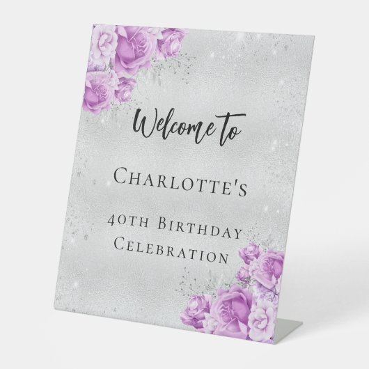 誕生日シルバーピンク紫の花を歓迎パーティー 台座サイン (正面)