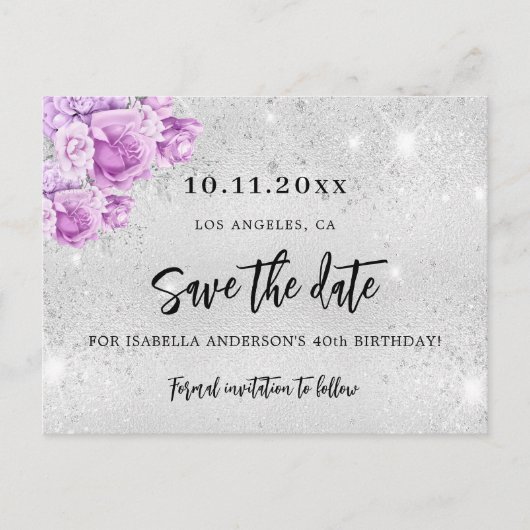 誕生日シルバーピンク紫の花Save the Date 案内ポストカード (正面)