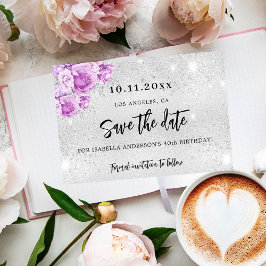 誕生日シルバーピンク紫の花Save the Date 案内ポストカード
