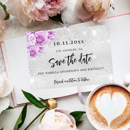 誕生日シルバーピンク紫の花Save the Date 案内ポストカード