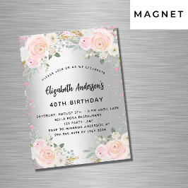 誕生日シルバーピンク花グリッター高級 マグネット招待状