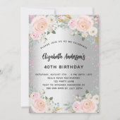 誕生日シルバーピンク花グリッター高級 招待状 (正面)