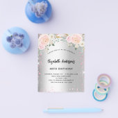 誕生日シルバーピンク花模様グリッター チラシ (シングル)