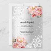 誕生日シルバーピンク花模様レース 招待状 (正面)