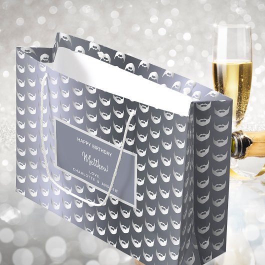 誕生日シルバーフォックスヒゲ男灰色モダン ラージペーパーバッグ