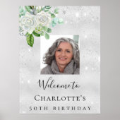 誕生日シルバーフォトグリッター花模様歓迎 ポスター (正面)