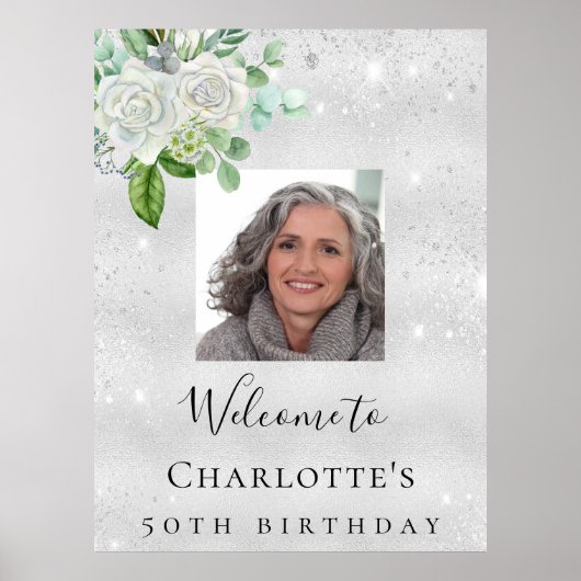 誕生日シルバーフォトグリッター花模様歓迎 ポスター (正面)