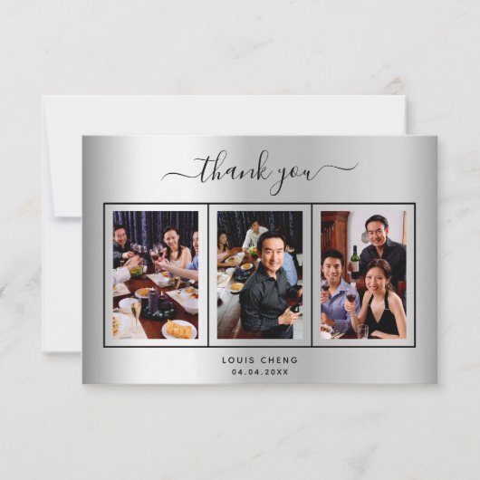 誕生日シルバーフォトスクリプトガイ男性 サンキューカード (正面)