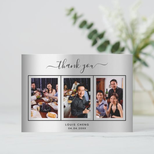 誕生日シルバーフォトスクリプトガイ男性 サンキューカード (スタンド正面)