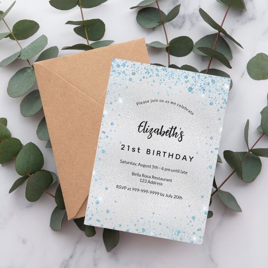 誕生日シルバーブルーグリッター 招待状