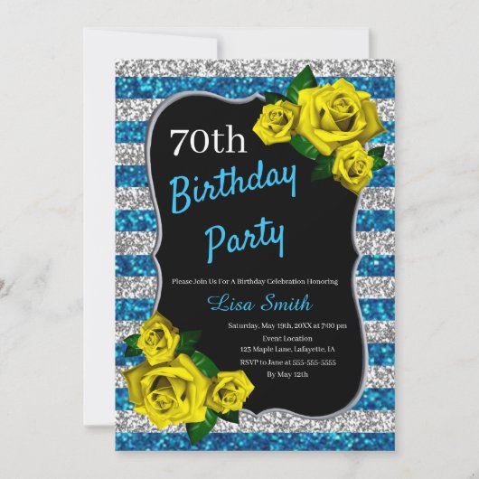 誕生日シルバーブルーストライプグリッターイエローローズ 招待状 (正面)