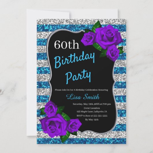 誕生日シルバーブルーストライプグリッターパープルバラ 招待状 (正面)