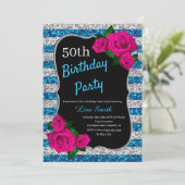 誕生日シルバーブルーストライプグリッターピンクローズ 招待状 (スタンド正面)