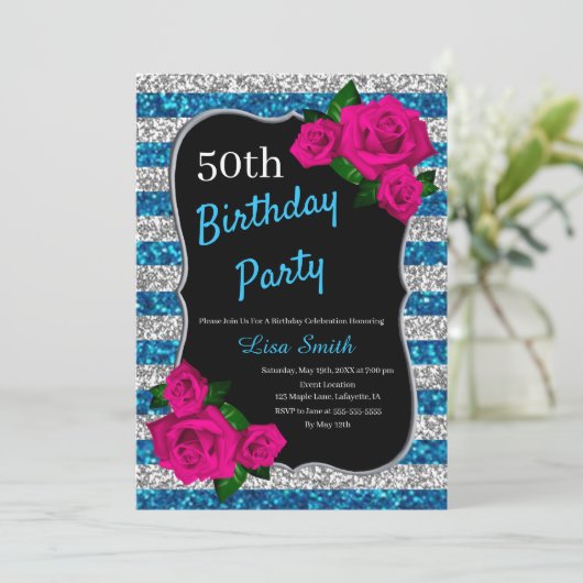 誕生日シルバーブルーストライプグリッターピンクローズ 招待状 (スタンド正面)