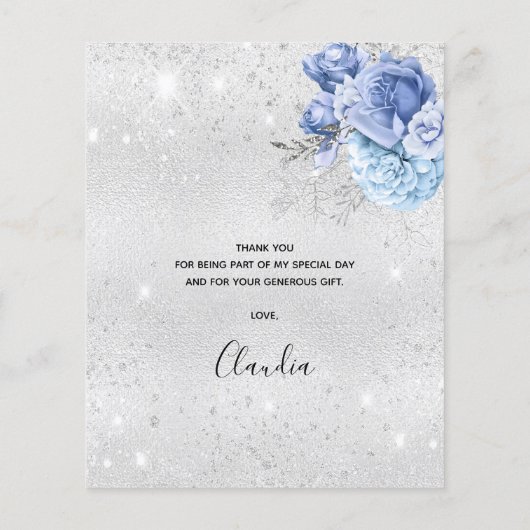 誕生日シルバーブルー花模様サンキューカード (裏面)
