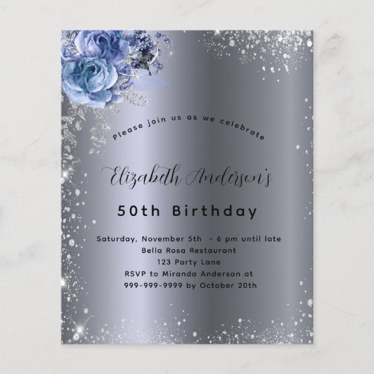 誕生日シルバーブルー花模様予算 チラシ (正面)