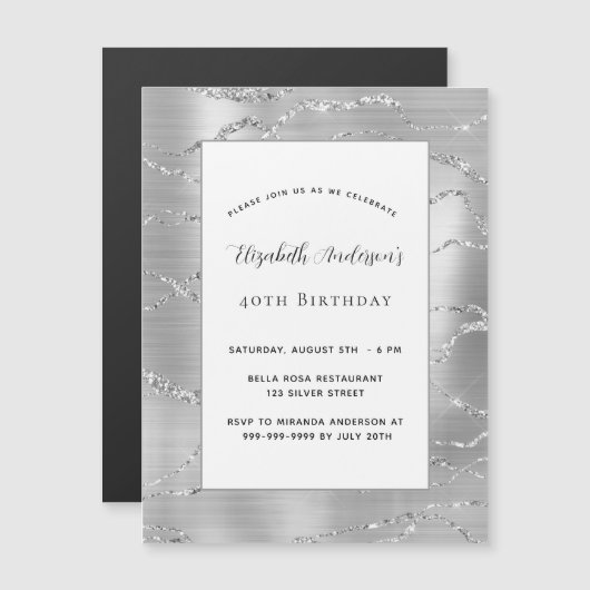誕生日シルバーホワイトエレガント贅沢 マグネット招待状 (正面/裏面)