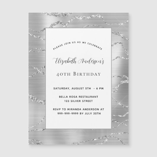 誕生日シルバーホワイトエレガント贅沢 マグネット招待状 (正面)
