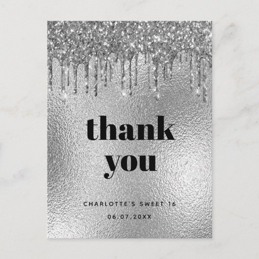 誕生日シルバーモダングリッター感謝していユー ポストカード (正面)