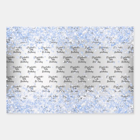 誕生日シルバーライトブルー紙吹雪スパークル名 ラッピングペーパーシート (正面)